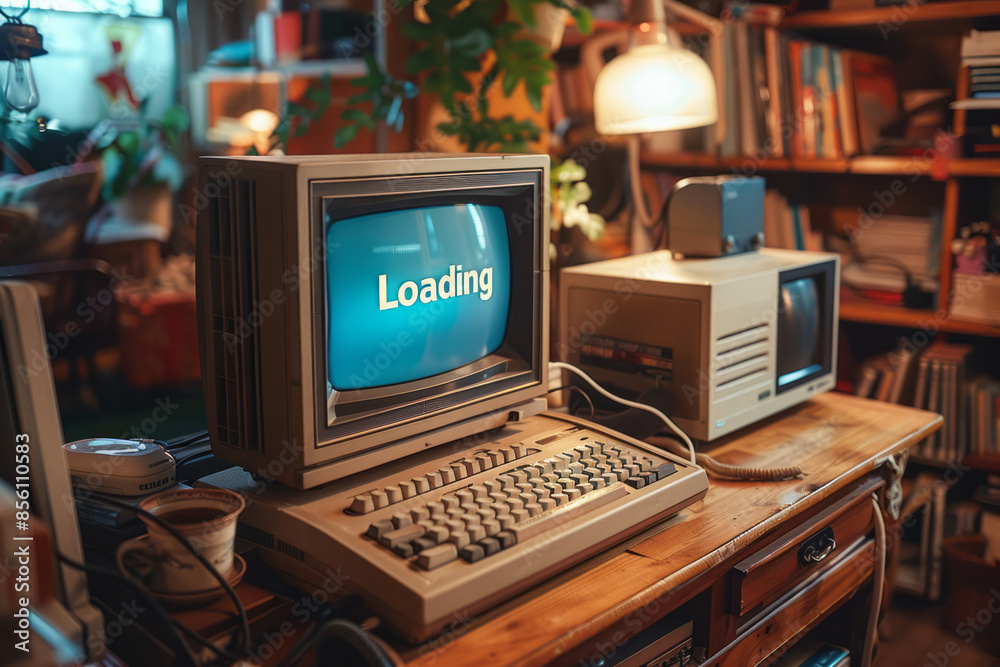 Fototapete loading animation on an old-school computer with a flashing loading text,