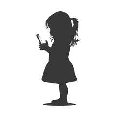 silhouette little girl shows a blank white screen smartphone or tablet