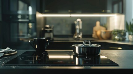 A kitchen scene with a stove and a pot on top, ready for cooking