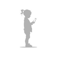 silhouette little girl shows a blank white screen smartphone or tablet
