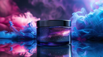A space-themed beauty product jar with a galaxy design, surrounded by vibrant blue and pink abstract shapes, giving it an ethereal feel.