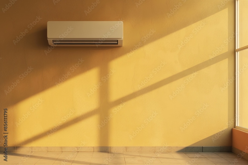 Poster air conditioning unit installed on wall next to open window, ideal for home or office use