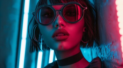 AI generated illustration of a portrait of a young woman in stylish sunglasses with neon lighting