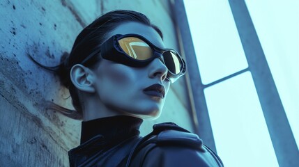 AI generated illustration of a fashion portrait of a young woman in futuristic sunglasses