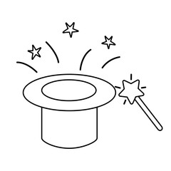 Wizard or magician hat and magic wand, doodle style flat vector outline for coloring book