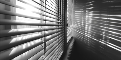 A black and white photo of a window with blinds