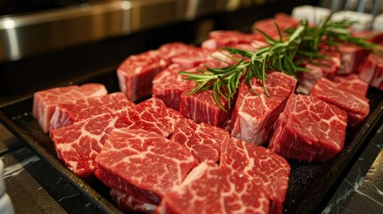 Fototapeta premium Raw beef chunks ingredients. Generative AI