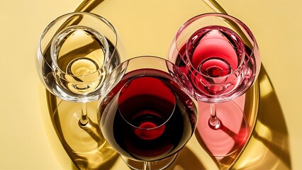Glasses with white red and pink wine on yellow background top view