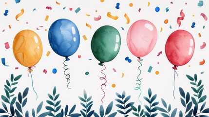 Celebration theme milestone digits, flat design from above, vibrant watercolor style with triadic colors, adorned with festive elements such as balloons and streamers