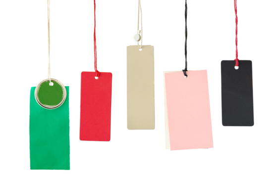 Blank, empty  hang tags, price tags for products to show price or discount,shopping concept, free copy space, isoaletd on transparent background.PNG file.