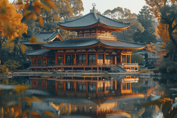 Naklejka premium Temple reflections in the calm waters of a serene park pond,
