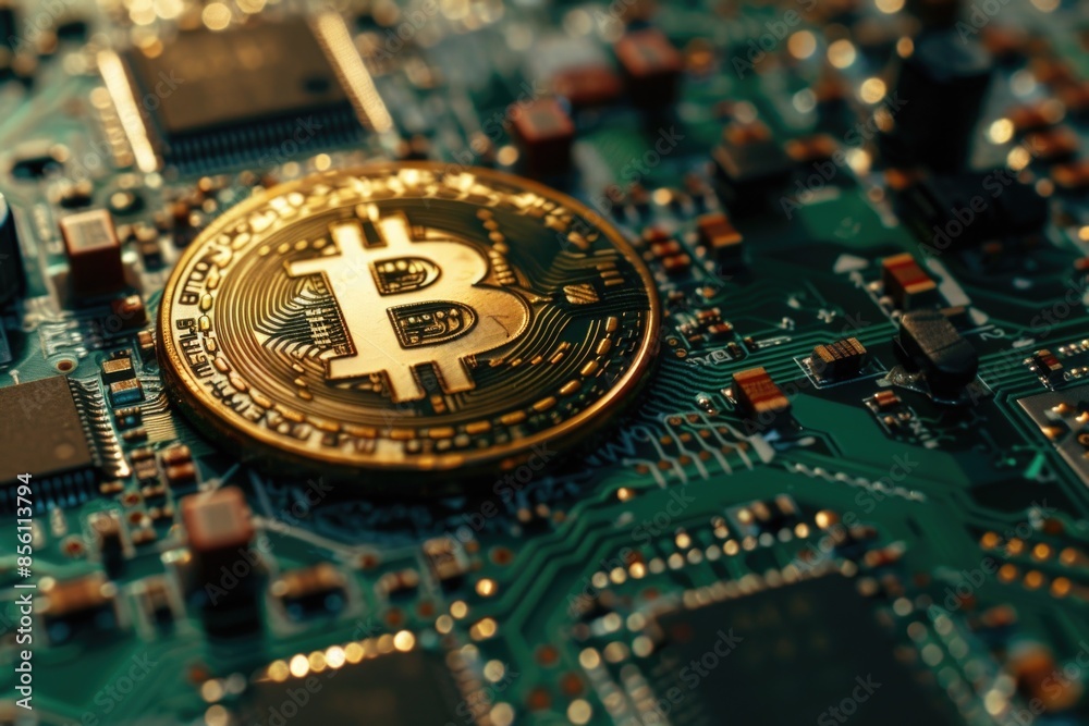 Poster A close-up shot of a bitcoin sitting on top of a computer motherboard, with circuit boards and wires in the background