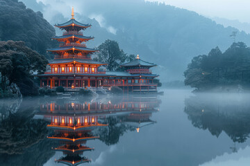 Obraz premium A grand temple and its reflection in the clear waters of a mountain lake at dawn,