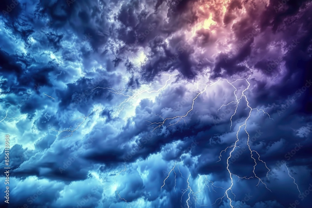 Poster a dark gray sky filled with thick clouds, illuminated by flashes of lightning
