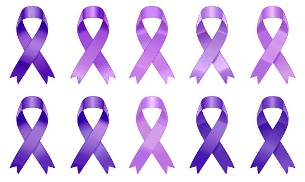 Set of purple ribbons for Awareness Month on a transparent background
