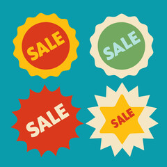 There are four sale stickers displayed against a blue background