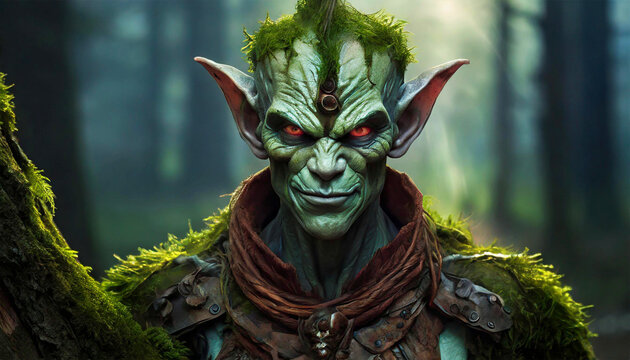 Goblin fantasy portrait. dark woods, illustration.