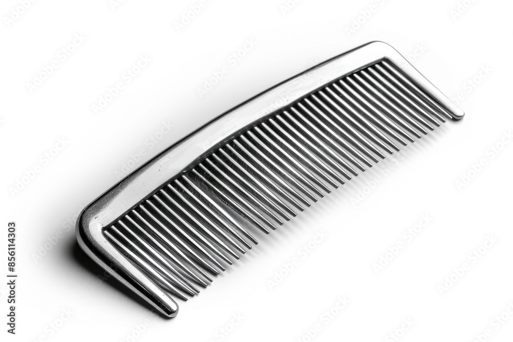 Poster a close-up of a metal comb lying flat on a white background