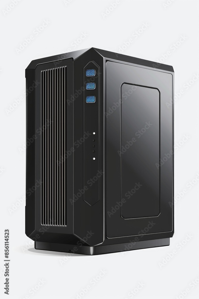 Poster a black desktop computer with a blue screen