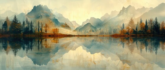 lake and misty mountains reflected in calm water surrounded by green forest and scenic hills under blue sky with fluffy white clouds and sunlight filtering through trees in a peaceful autumn scenery