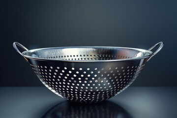 A metal colander placed on a dark-colored surface, suitable for use in photography or design projects