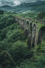 A train travels across a wooden bridge surrounded by a dense forest, with trees and greenery on either side