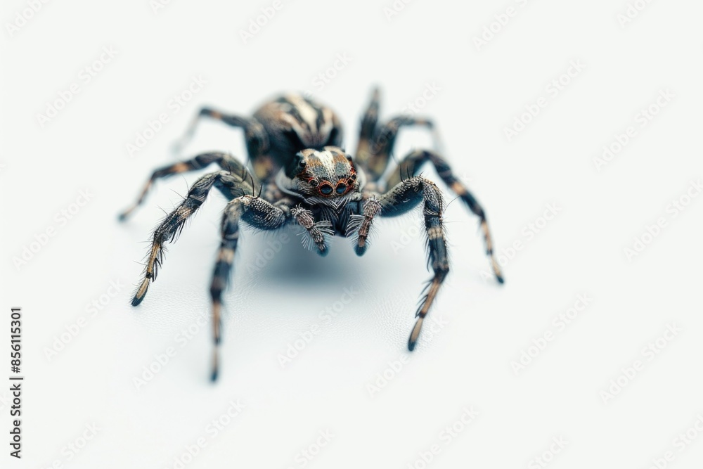 Poster a close-up photo of a spider sitting on a white surface, providing an intimate view of its body and 