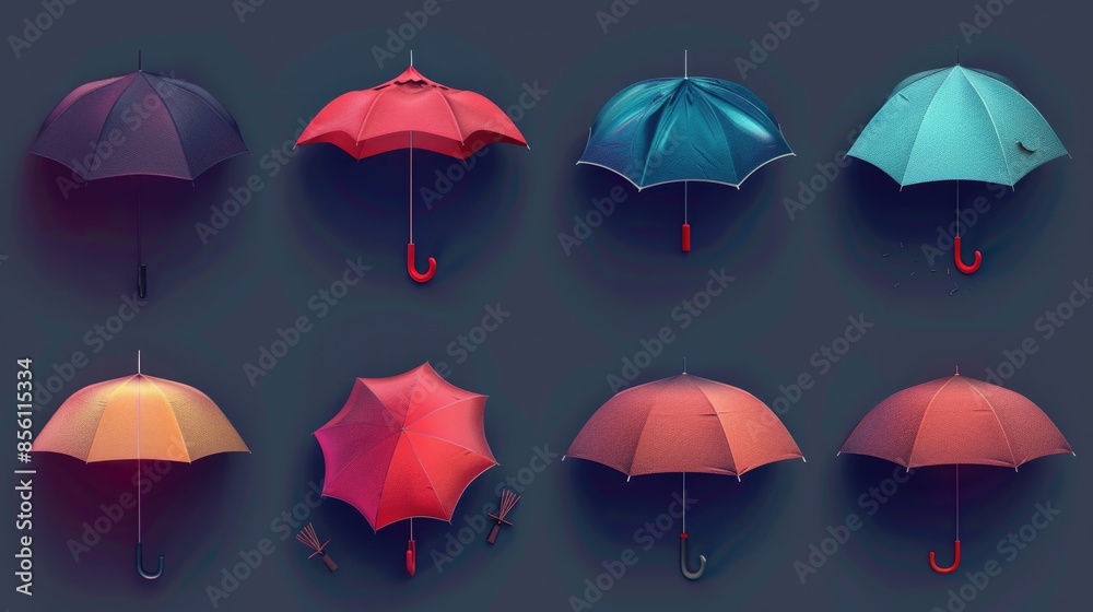 Poster A collection of six colorful umbrellas with different designs and colors