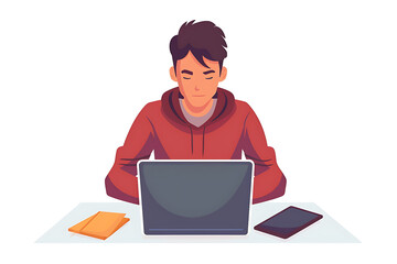 A man working on a laptop, depicted in a sleek flat design with minimalist aesthetics