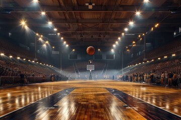 A basketball game is being played on an empty court with no spectators, one informative phrase about what pictured on image and a one phrase with a short advice of where may be used this picture