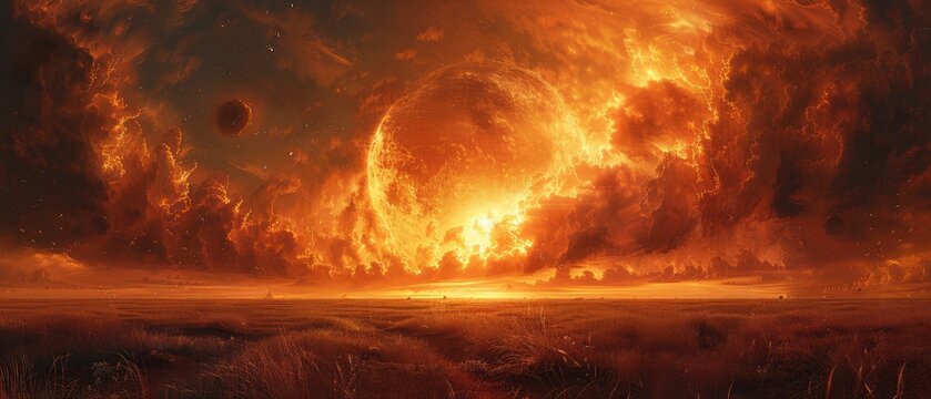 dusk falls on a tranquil field the sky is set ablaze by the impending doom of a colossal planet teetering on the edge of destruction