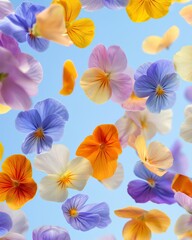 Assortment of vibrant floating flowers against a clear blue sky background, creating an ethereal scene