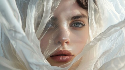 A close-up shot of a person wearing a white veil, suitable for use in various contexts such as mystery, suspense or romance scenes