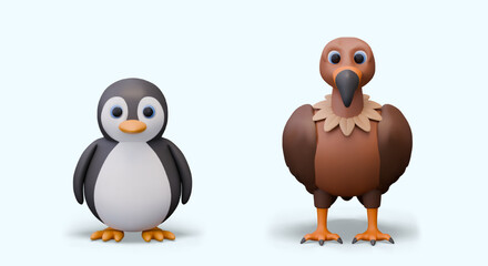 Penguin and vulture in realistic style, front view. Different types of modern birds