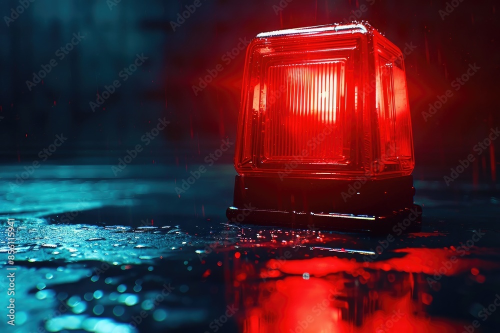 Poster a red traffic light sits on top of a wet surface, possibly after rain or flooding