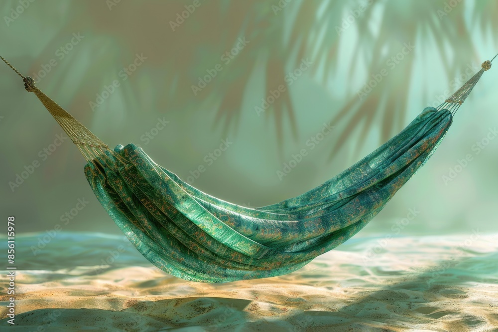 Poster a hammock hangs between two palm trees on a sunny beach