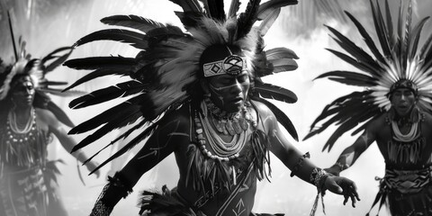 Black and white photograph of a Native American dancer in traditional attire, with intricate headdress and jewelry