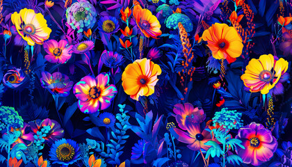 Psychedelic vivid trippy fluorescent flower dream background wallpaper Backdrop. Hallucination, dreamlike atmosphere, purple, pink, blue and yellow colors