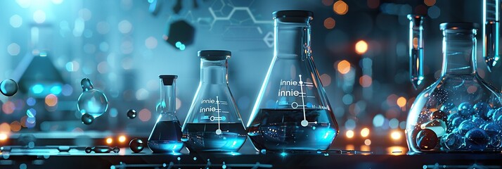 Laboratory Flasks with Blue Liquid in a Bokeh Background