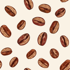 Coffee bean seamless repeating pattern background wallpaper backdrop. Roasted, fresh, caffeine, illustration