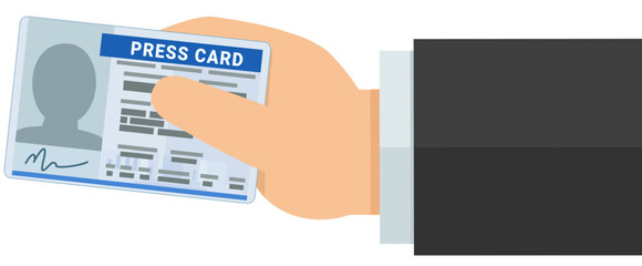 A hand presents a press card in flat design (cut out)