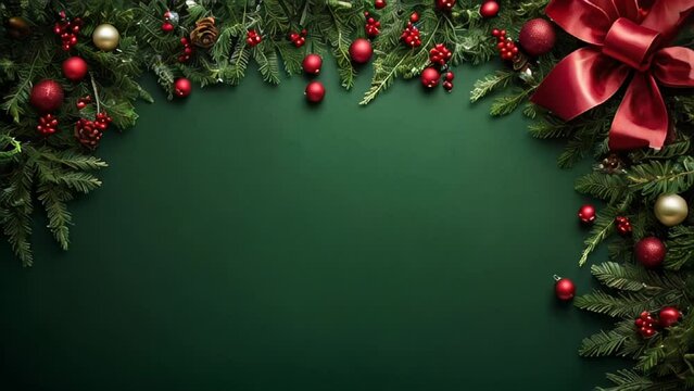 Festive Christmas border with red ornaments, pine branches on a green background. Perfect for holiday greetings, blank free space.