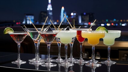 Martini or margarita cocktail drink assortment of different strong alcohol drinks on bar counter over night lights background