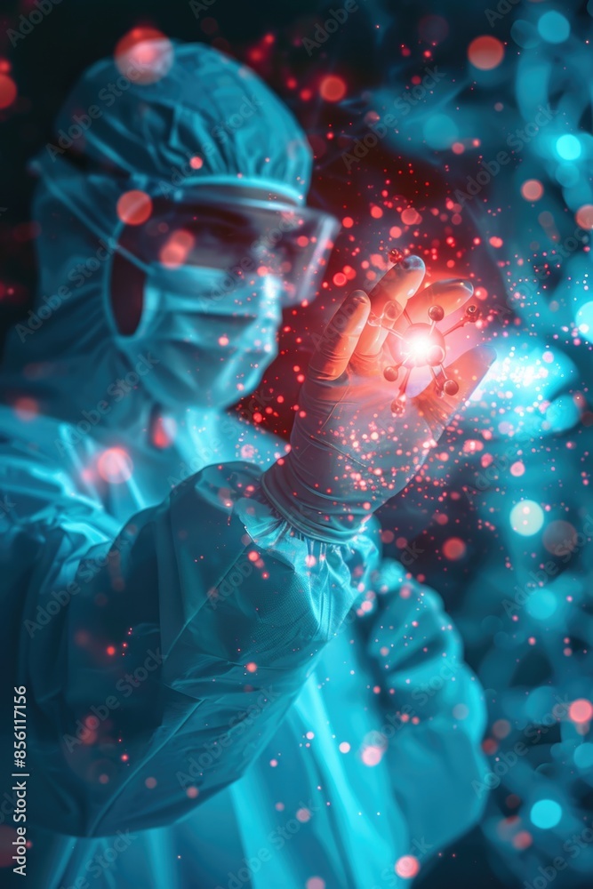 Poster a person in a blue uniform holds a glowing object, suitable for use as an icon or illustration