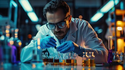 A man in a lab coat is working with a pipette, carefully measuring out a liquid