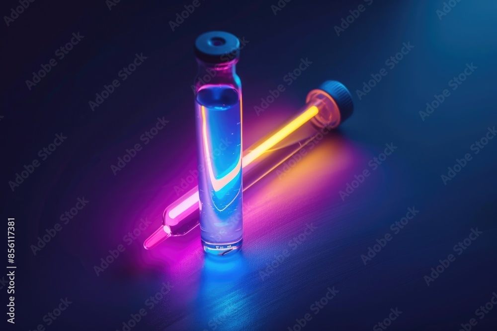 Aufkleber A bottle and tube of liquid reagents sit on a table, ready for use in a science experiment or laboratory setting