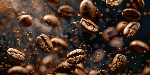 Obraz premium Fresh roasted coffee beans falling cinematic background wallpaper backdrop. Rich dark colors, fresh, hot, brown, brewing process, close up product shot