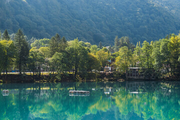 Fototapeta premium View of Lower Blue Lake near the village of Babugent Chereksky district, Kabardino-Balkarian Republic, Russia. Cherek-Kel Lake.