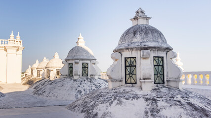 Scenic view of beautiful roof of white cathedral of colonial city Leon in Nicaragua in Central America