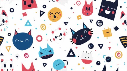 Cute Cartoon Cat Faces and Geometric Shapes Seamless Pattern